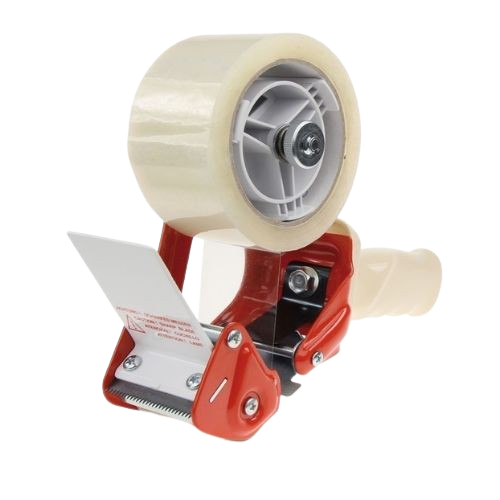 Rode tape dispenser met een rol transparante verpakkingstape erop.